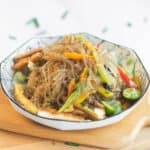 delicious vegan pancit sotanghon on a serving bowl