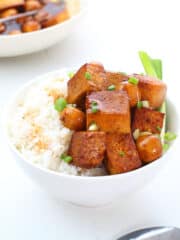 a bowl of white rice topped with tofu and mushroom adobo