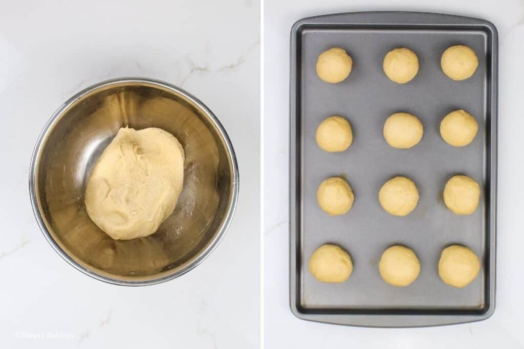 Spanish bread dough in a greased bowl then made into 12 round balls and placed on a baking pan
