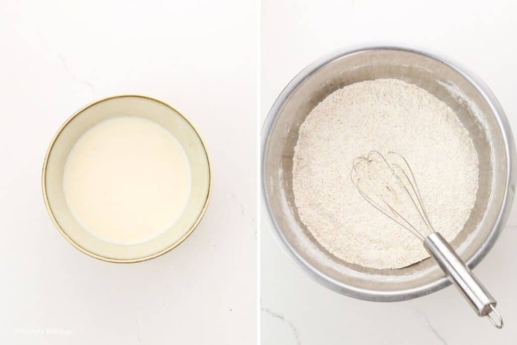 a mixture of milk, one tablespoon of sugar,  and yeast in a small bowl and a mixture of whole wheat flour, remaining sugar and salt in a large bowl with a whisker