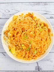 healthy Filipino vegan palabok served in a white bowl