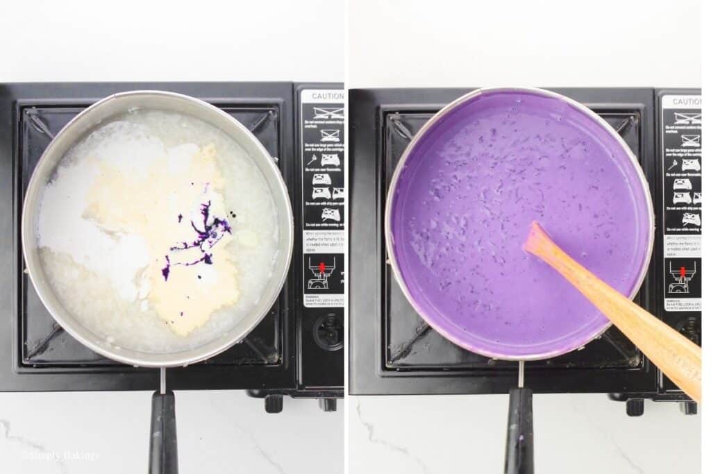 added the coconut cream, evaporated milk, condensed milk, brown sugar, ube flavoring and salt into the pan then stirred using a wooden spatula