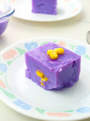 delicious ube maja blanca topped with corn kernels