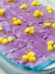 delicious ube maja blanca topped with corn kernels