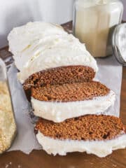 slices of gingerbread loaf with cream cheese icing