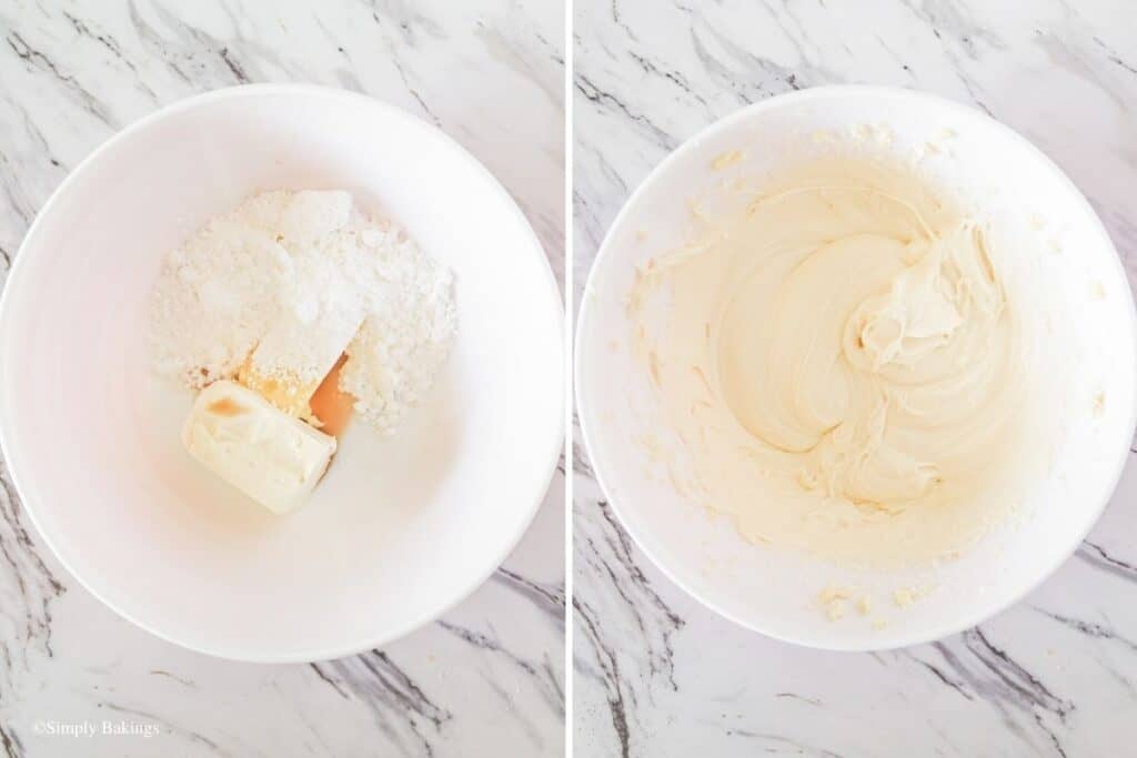 whipped the softened cream cheese, softened butter, and vanilla in a white bowl