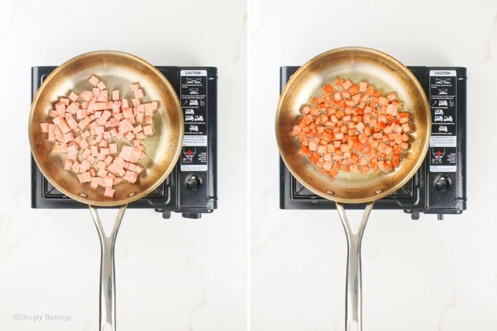 Frying chunks of meat in a pan