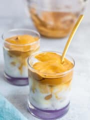 glasses of dalgona lavender iced coffee