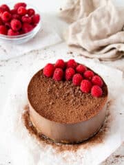healthy and easy no-bake vegan chocolate cake topped with fresh strawberries