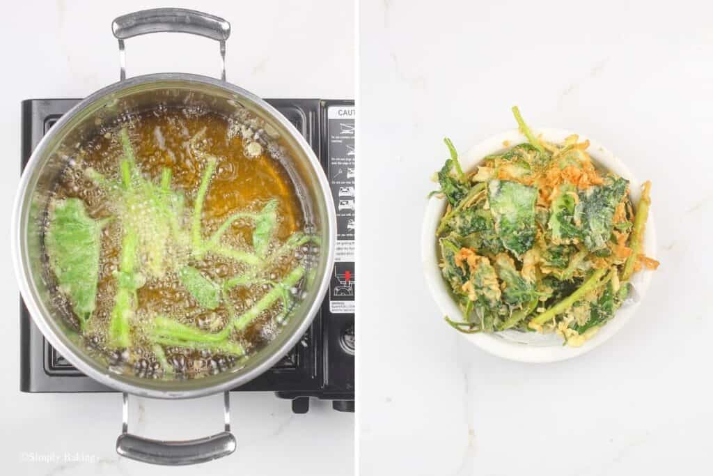 e deep-fried kangkong with flour mixture and transferred into a bowl