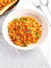 delicious vegan arroz valenciana in a white bowl