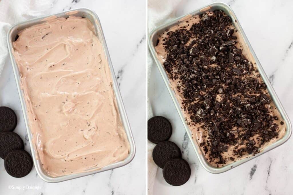 poured the ice cream mixture in the loaf pan and topped with crushed Oreos