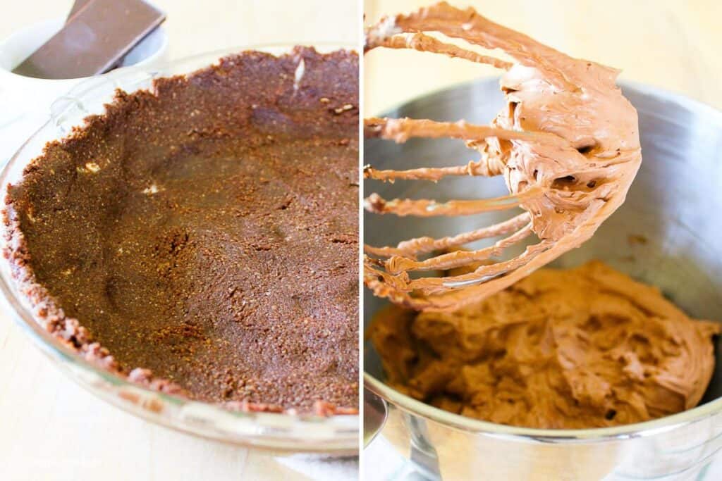 pie crust in a pie dish and chocolate filling mixture in a large bowl
