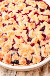 mixed berry cobbler served on a pie plate