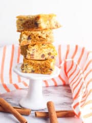 pumpkin brownies on a mini dessert stand