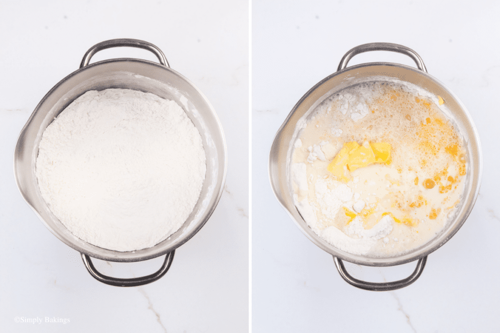 mix of flour, salt, and sugar, milk, butter, beaten eggs, and yeast mixture in a stand mixture