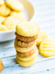 a stack of delicious and buttery vegan shortbread cookies
