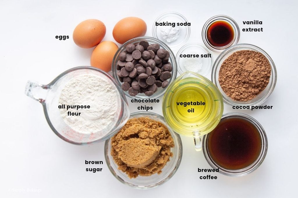 All ingredients for Double Chocolate Loaf Cake in bowls