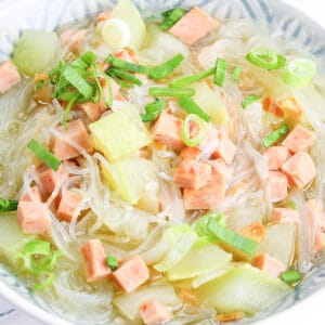 vegan sotanghon at upo soup in a bowl
