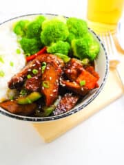 delicious vegan Mongolian beef served with steamed rice and broccoli in a bowl