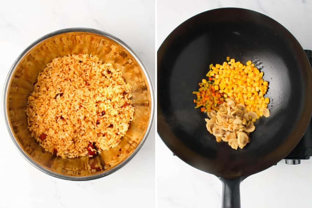 a mixture of chili oil and the day-old rice in a mixing bowl and sautéed bell peppers, sweetcorn kernels, and mushrooms on wok