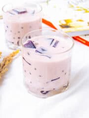 a glass of creamy and delicious ube jelly salad