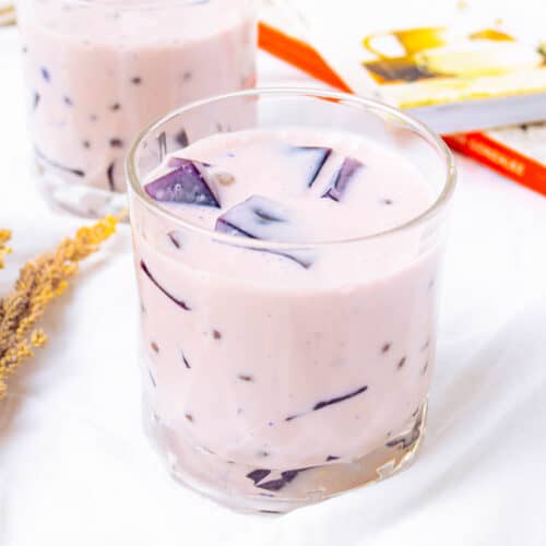 a glass of creamy and delicious ube jelly salad