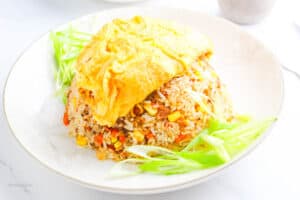 a serving of Filipino-Style Omurice on a white plate with green onion slices