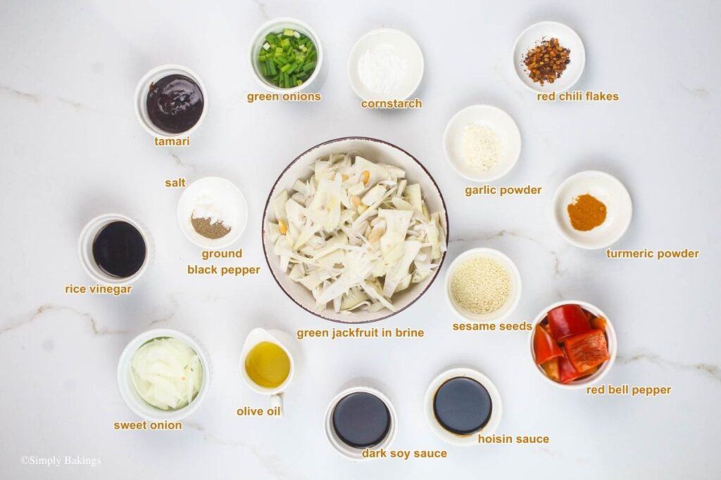 list of ingredients of vegan General Tso’s Jackfruit dish