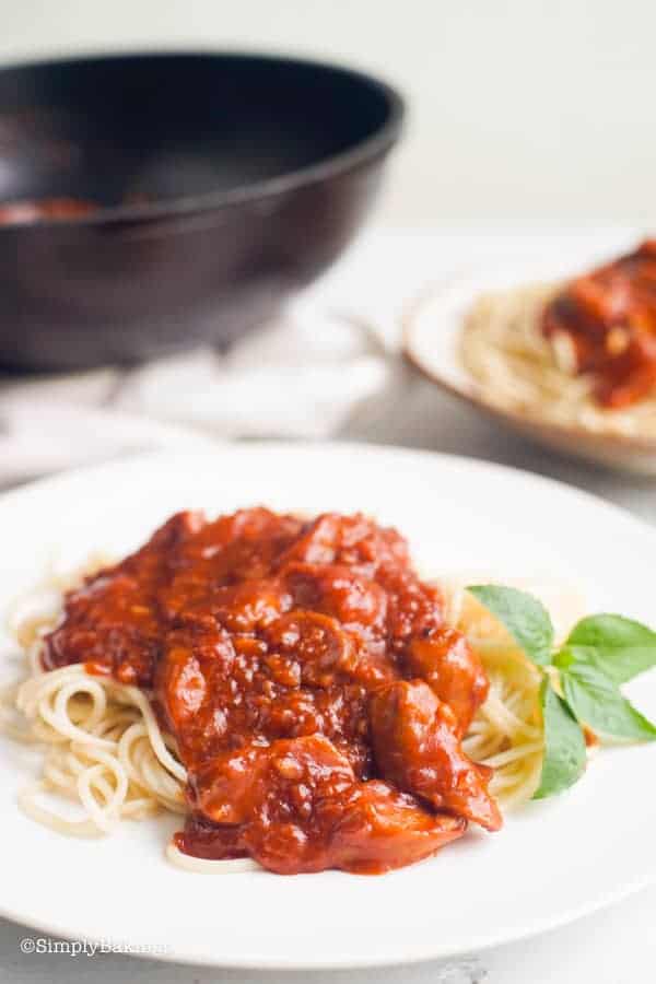 Creamy Spaghetti Recipe Filipino Style on a white plate