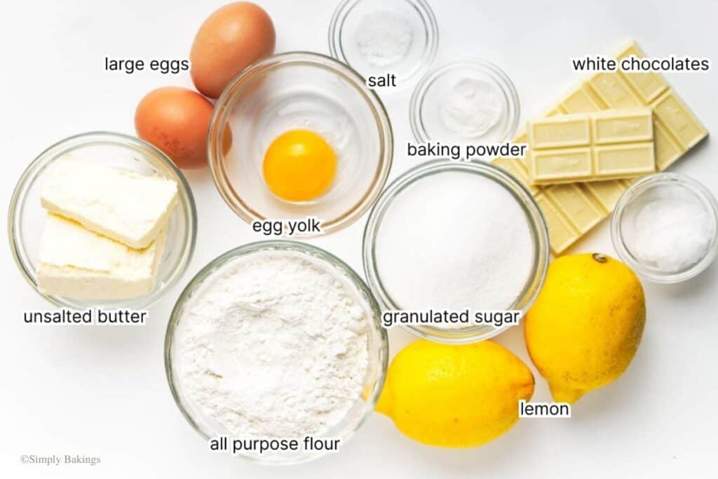 list of ingredients of lemon white chocolate madeleines