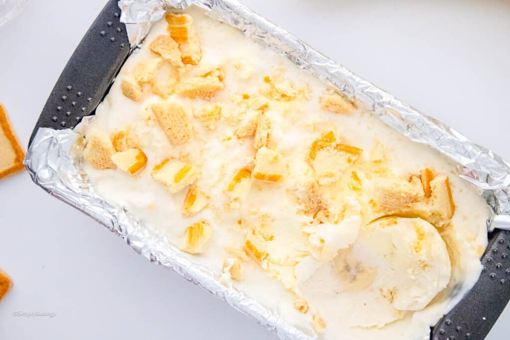 creamy no bake banana pudding ice cream in a bread pan