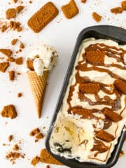 no churn biscoff ice cream on a loaf pan and cone