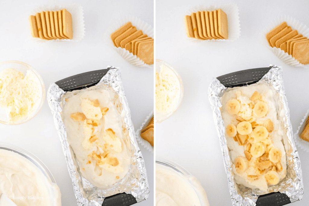 layered no-bake cheesecake, bananas, and cookies in a bread pan