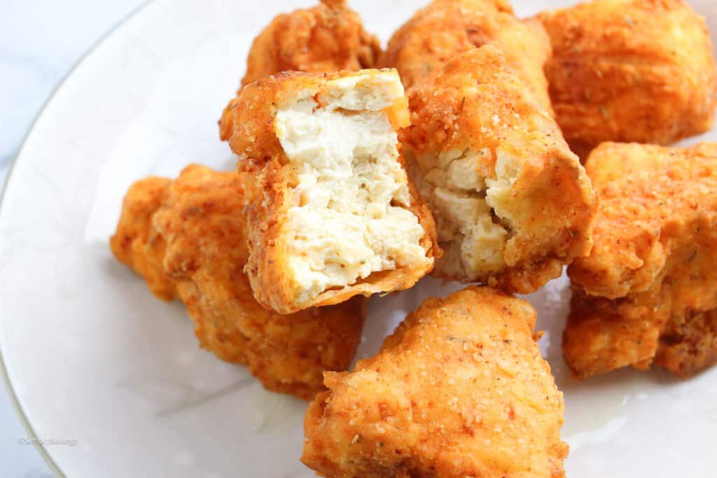 bitten off piece of fried chicken tofu
