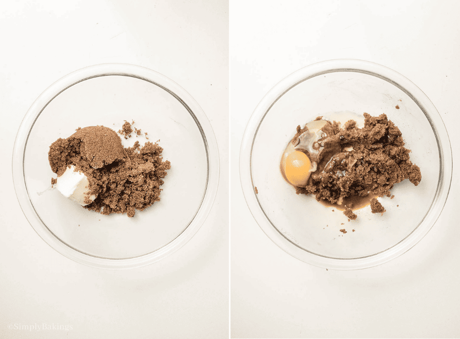 softened butter, brown sugar, vanilla extract, and egg combined  in a clear mixing bowl