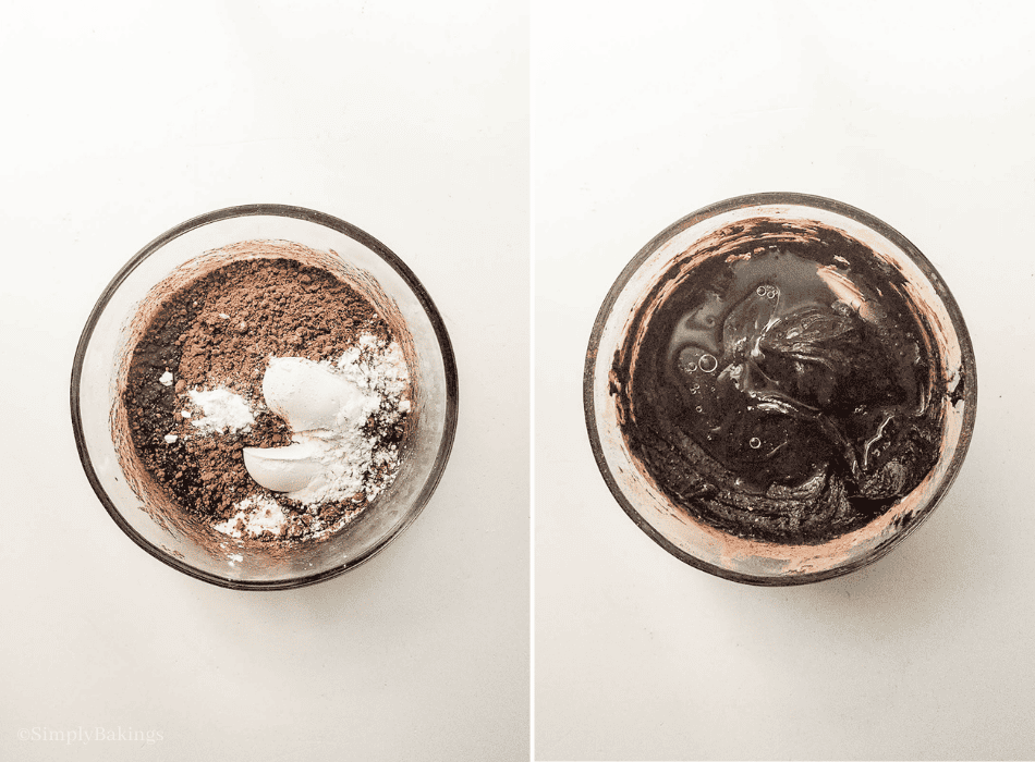 added the cocoa powder, baking powder, salt, flour, vegetable oil and water to make a brownie batter