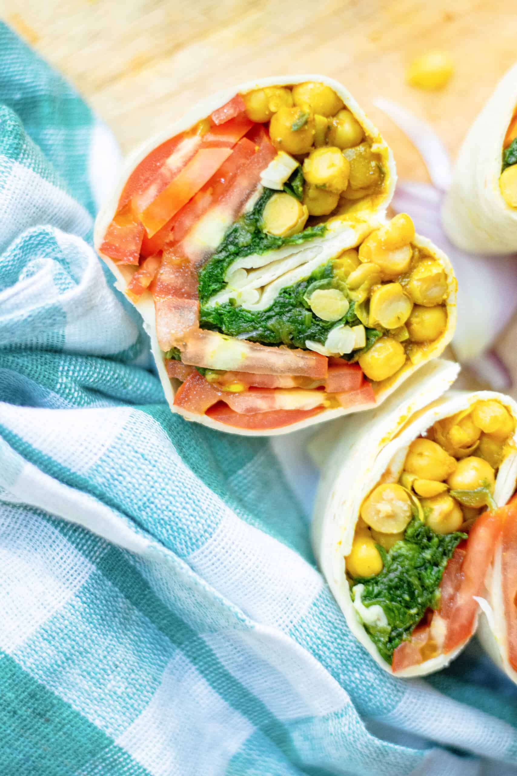 Curried Chickpea Wraps with a blue picnic cloth