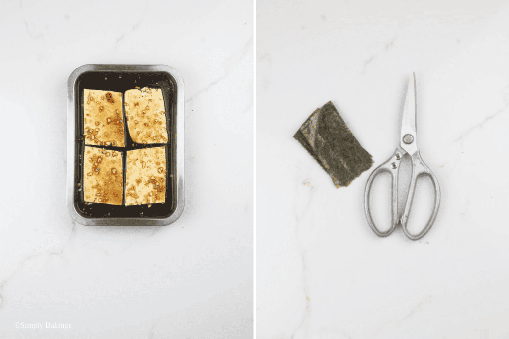 tofu slices placed on vinegar and mushroom mixture, and cut nori sheets