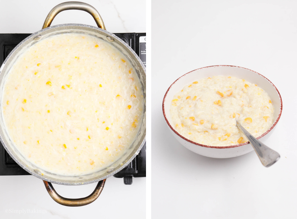 Served the freshly cooked ginataang mais in a bowl with a stainless steel spoon