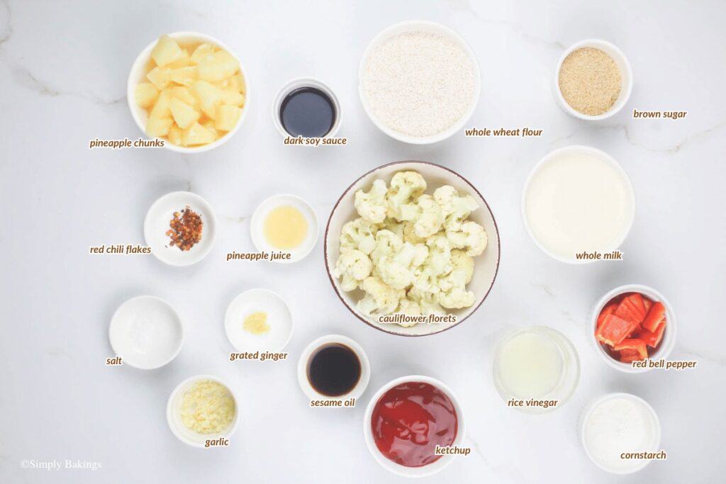 list of ingredients of vegan huli huli cauliflower bites, image created by SimplyBakings