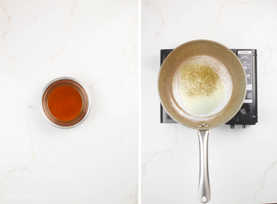 seasoned broth mixture in a bowl and oil heating in a skillet