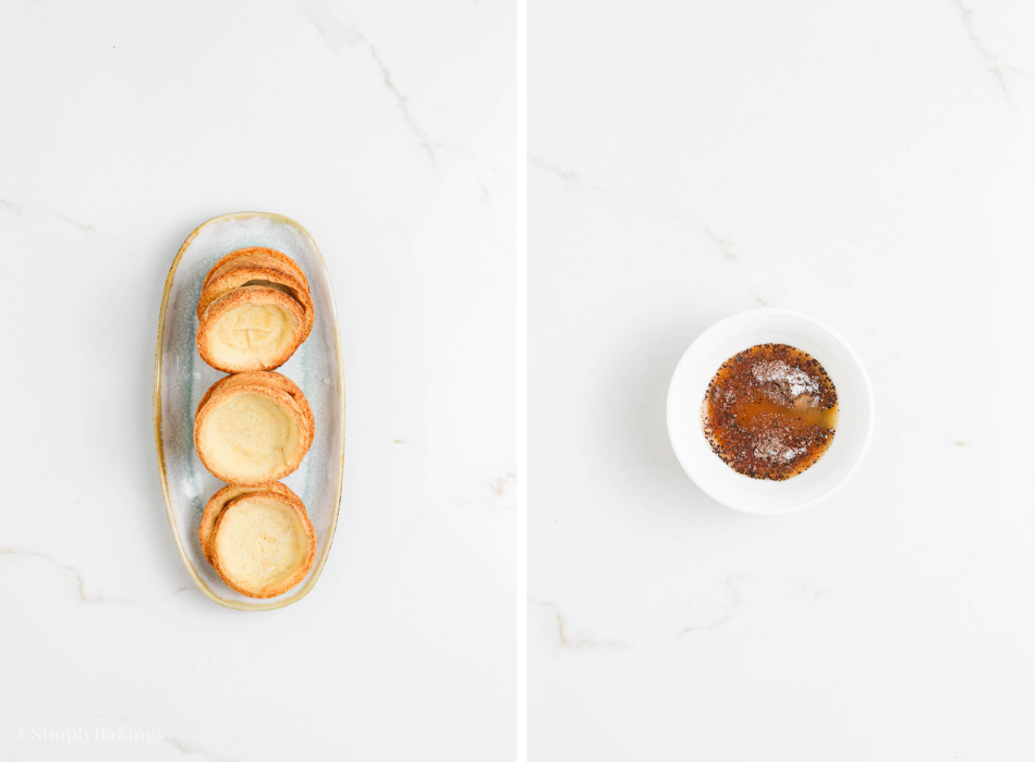 tartlet shells on an oval-shaped bowl and a coffee syrup mix in a small white bowl 