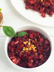 Yummy beef hash in a white bowl
