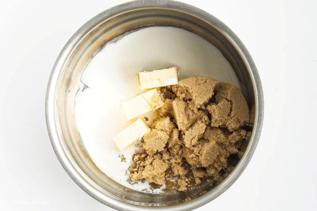 sugar, butter, and cream in pan