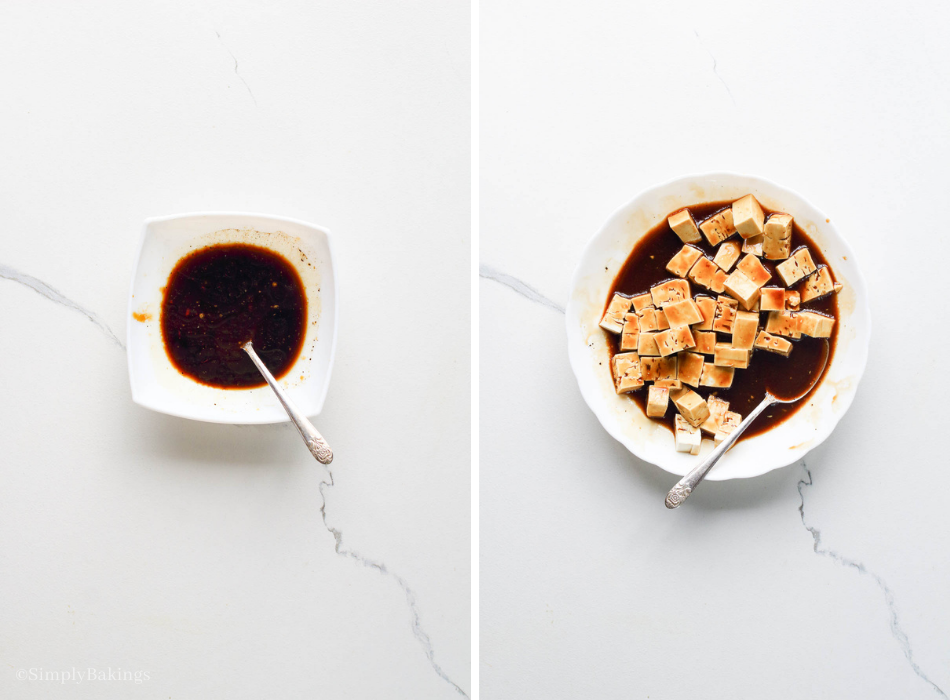 sauce mix in a small white bowl then marinated the diced tofu in a large bowl with the sauce