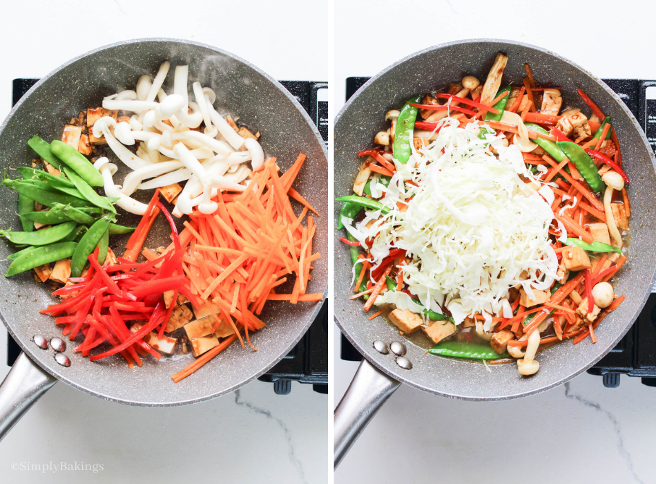 added the slices of carrots, mushrooms, snow peas, and bell peppers into the pan then the vegetable stock and green cabbage slices