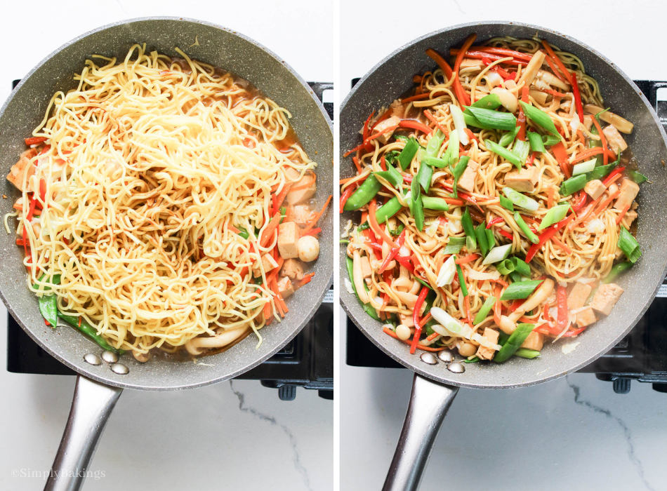 added the chow mein noodles and the remaining marinade into the mixture