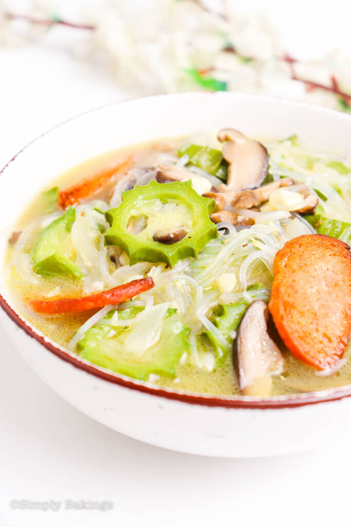 ginisang patola with mushrooms, plant-based meat, and noodles