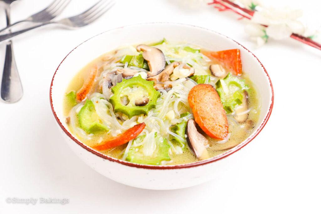 ginisang patola with mushroom served in a white bowl